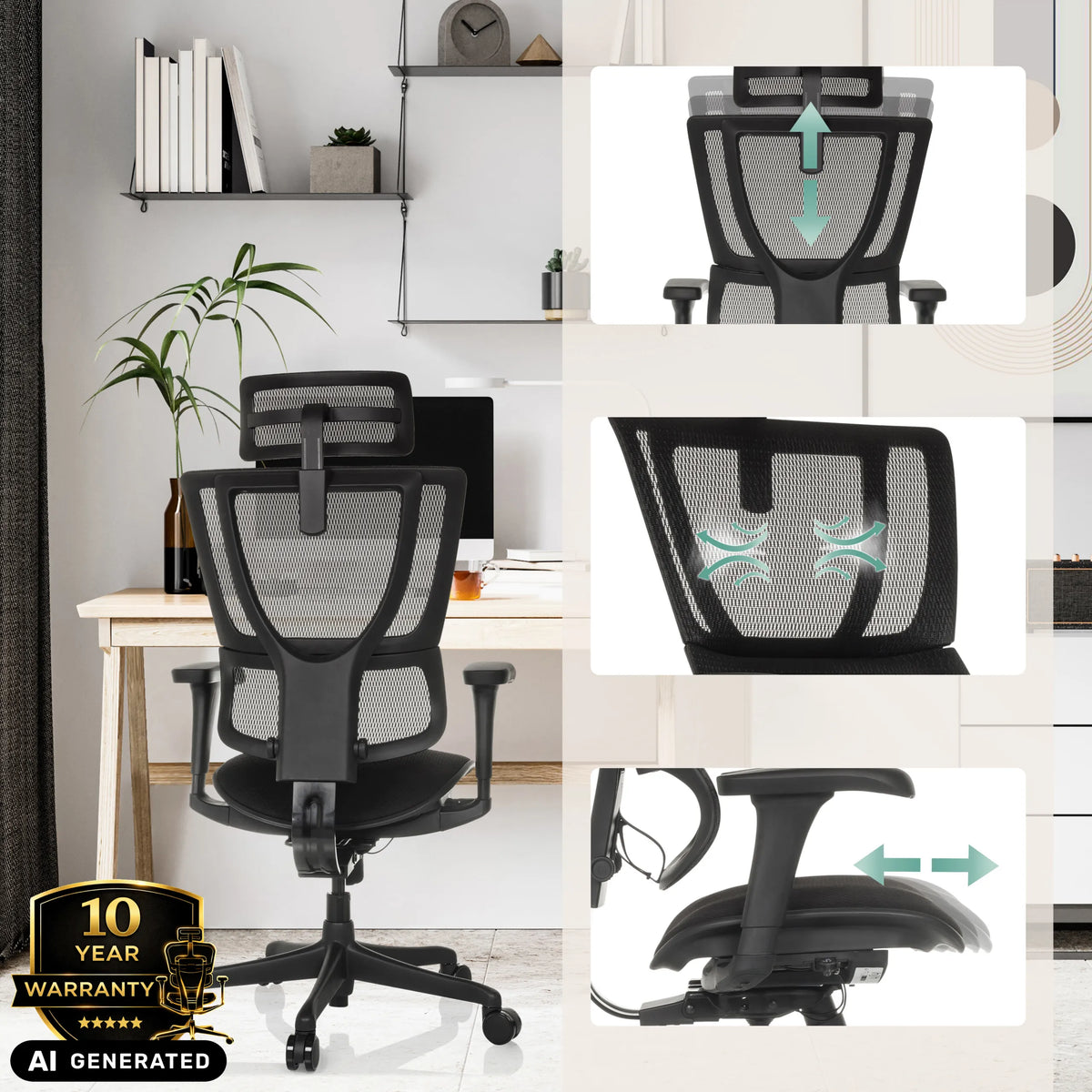 Mustan ERGOHUMAN SLIM ECO F GEN2-luksustoimistotuolin säädettävät toiminnot, valmistaja hjh OFFICE (tekoälyllä luotu kuva)