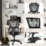 Mustan ERGOHUMAN SLIM ECO F GEN2-luksustoimistotuolin säädettävät toiminnot, valmistaja hjh OFFICE (tekoälyllä luotu kuva)