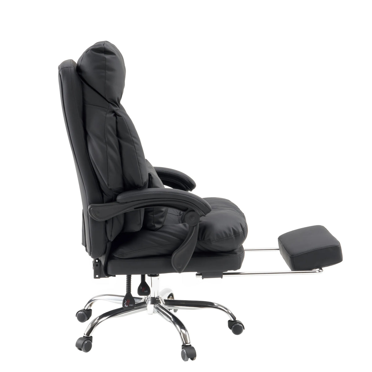 Home Office -toimistotuoli Relax Legoro mustana, ulosvedettävällä jalkatukella ja kromatuilla jaloilla, valmistaja MyBuero