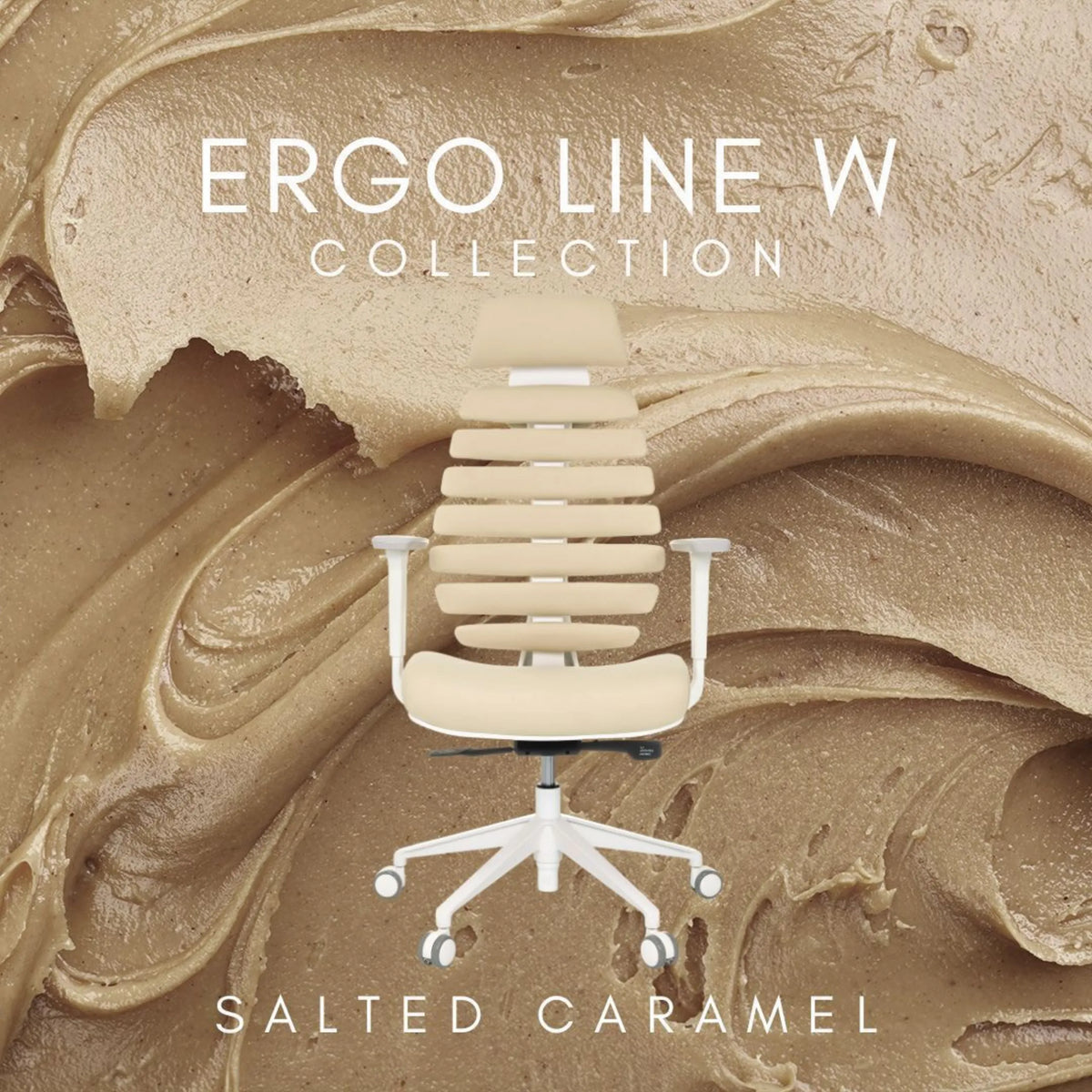 Ammattitason toimistotuoli ERGO LINE W värissä Salted Caramel, jossa on valkoinen runko ja pyörät, valmistaja hjh OFFICE