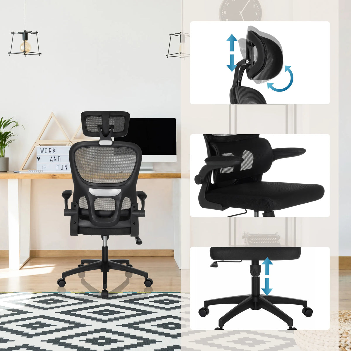 Home Office -toimistotuoli ERGOMY FLEX mustana, säädettävällä niskatuella, käsinojilla ja kaasujousella, valmistaja MyBuero