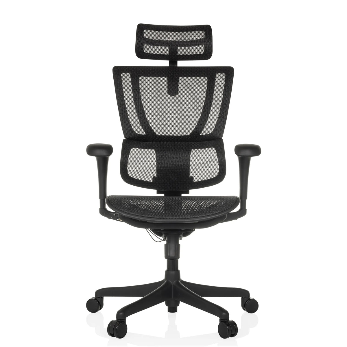 Musta Luksustoimistotuoli ERGOHUMAN SLIM ECO M GEN2 verkkoselkänojan ja viisipyörän jalustalla, valmistaja hjh OFFICE – 360 asteen näkymä (etunäkymä 0°)