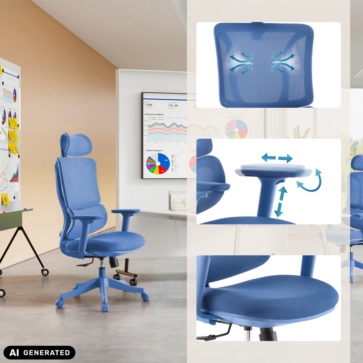 Sininen Ergomy Colore Home Office -toimistotuoli, jossa on verkkoselkänoja ja säädettävä mekanismi, valmistaja MyBuero (tekoälyllä luotu kuva)