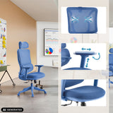 Sininen Ergomy Colore Home Office -toimistotuoli, jossa on verkkoselkänoja ja säädettävä mekanismi, valmistaja MyBuero (tekoälyllä luotu kuva)