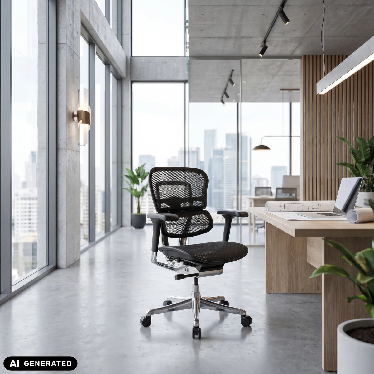 Luksustoimistotuoli ERGOHUMAN BASE GEN2 mustalla verkkokankaalla toimistossa, valmistaja hjh OFFICE (tekoälyllä luotu kuva)