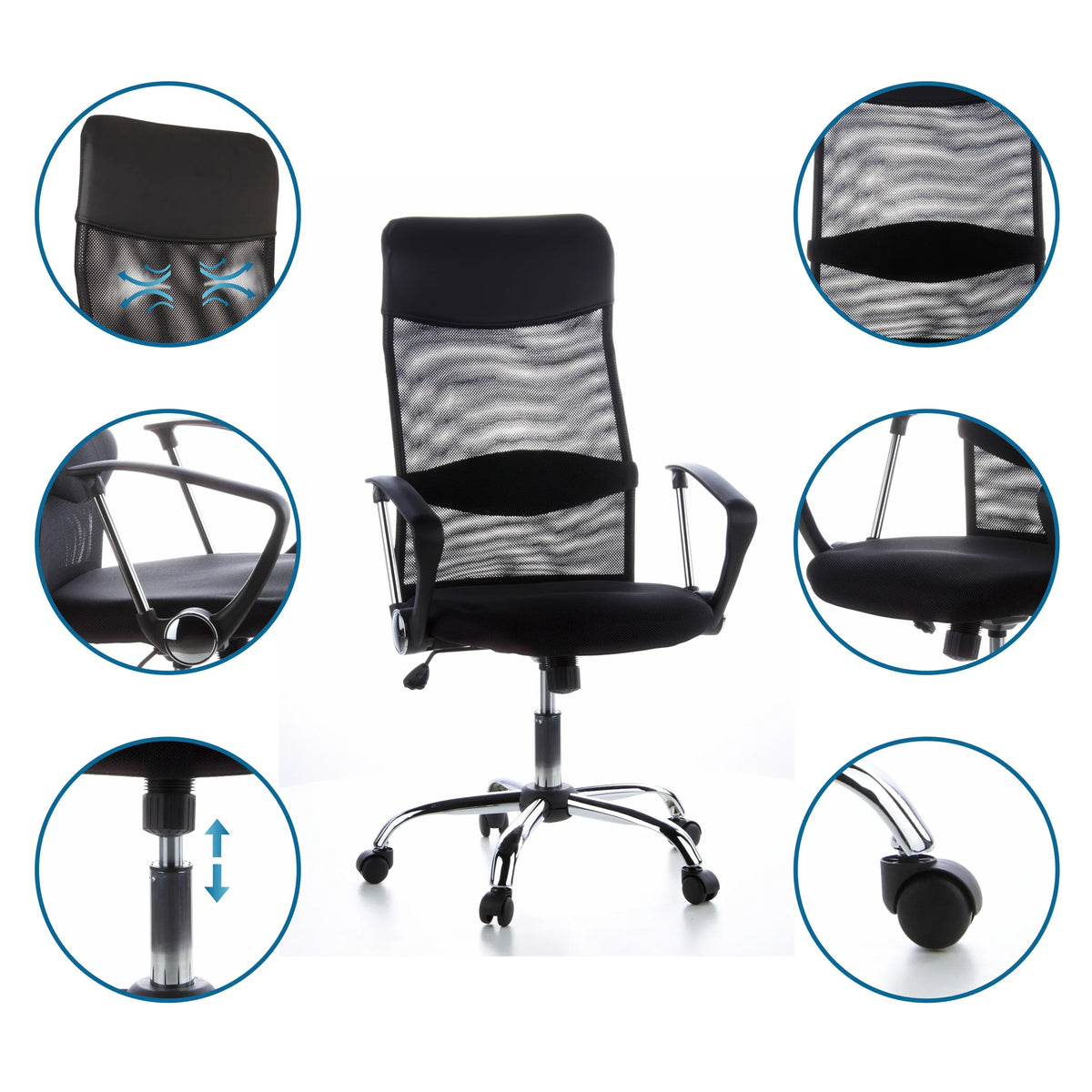 Home Office -toimistotuoli ARIA HIGH mustana verkkoselkänojalla, käsinojilla ja kaasujousella, valmistaja hjh OFFICE