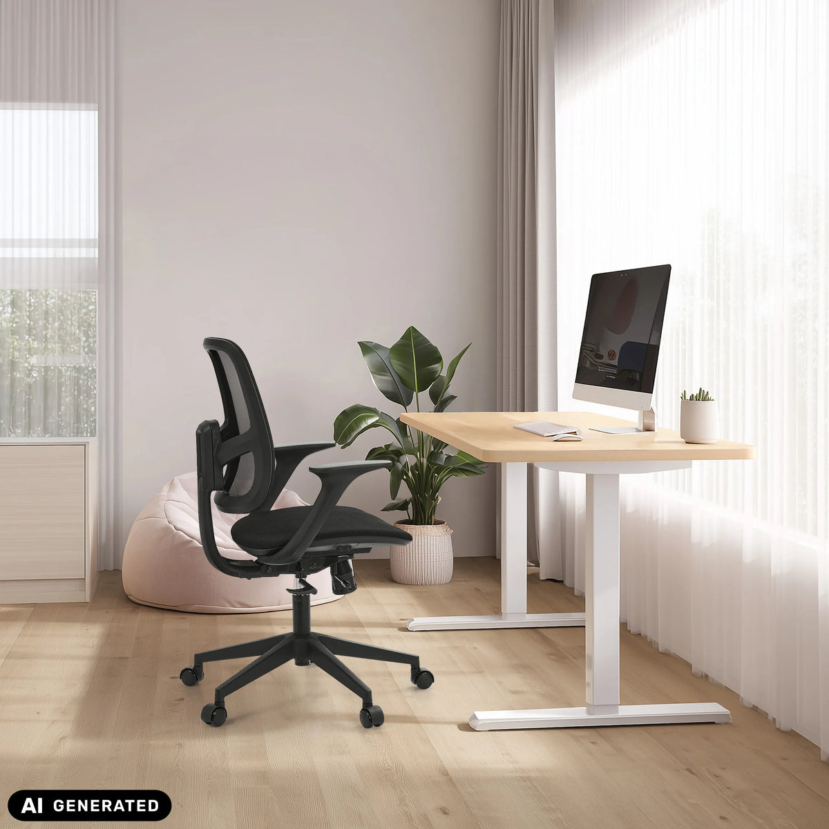 Home Office -toimistotuoli Malio mustana korkeussäädettävän työpöydän ääressä, valmistaja hjh OFFICE (tekoälyllä luotu kuva)