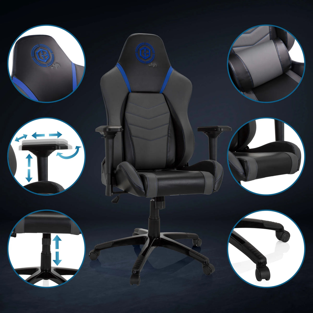 Pelituoli GAMEBREAKER POLARYS I harmaan-sinisenä, yksityiskuvat käsinojista, kaasujousesta ja pyöristä, valmistaja hjh OFFICE