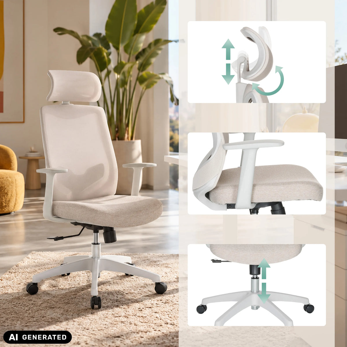 Home Office -toimistotuoli MIKEO W beige värissä, säädettävällä niskatuella ja käsinojilla, valmistaja hjh OFFICE
