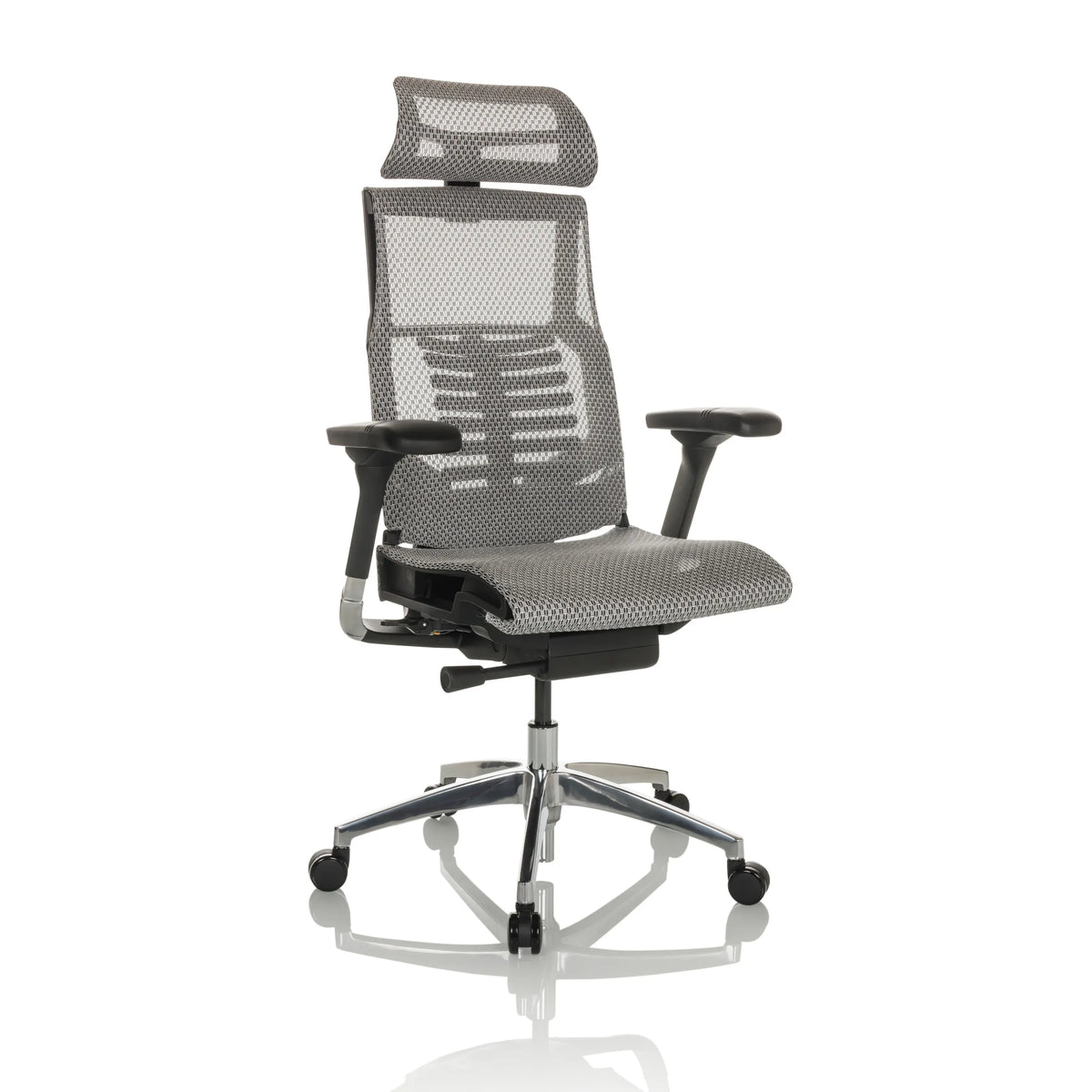 Vaaleanharmaa High End -toimistotuoli POFIT GEN2 verkkoselkänojalla ja viisipisteisellä jalustalla, valmistaja hjh OFFICE – 360 asteen näkymä (etuviistonäkymä 30°)