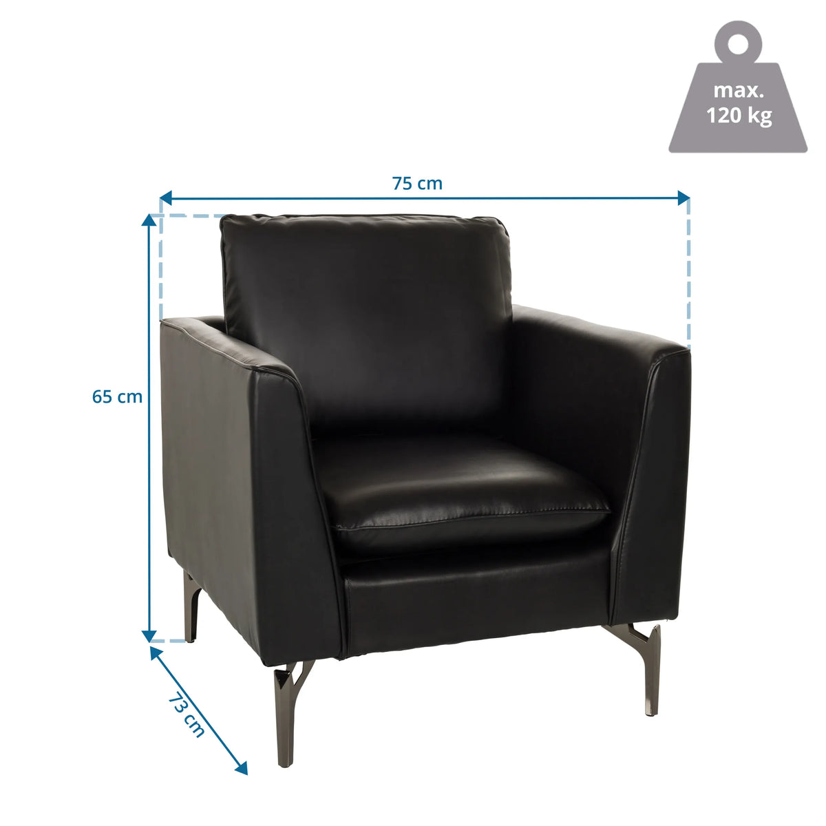Lepotuoli BAVERO mittojen piirustus, 75 x 65 cm ja enimmäiskuormitus 120 kg, valmistaja hjh OFFICE