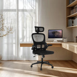 Musta Home Office -toimistotuoli ERGOMY FLEX verkkoselkänojalla ja niskatuella, valmistaja MyBuero