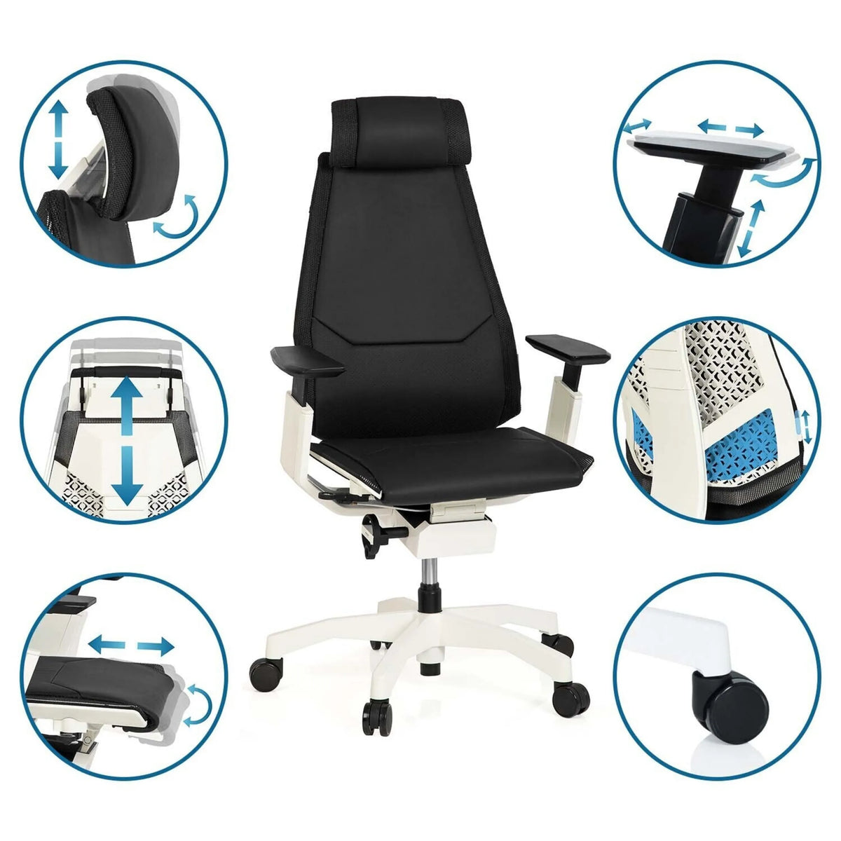 High End -toimistotuoli GENIDIA PRO WHITE mustana eri säätömahdollisuuksilla, valmistaja hjh OFFICE