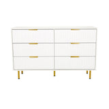 Weißes Sideboard HJELLE mit sechs Schubladen, geriffelten Fronten und goldenen Beinen von hjh LIVING – 360-Grad-Ansicht (Frontansicht 0°)