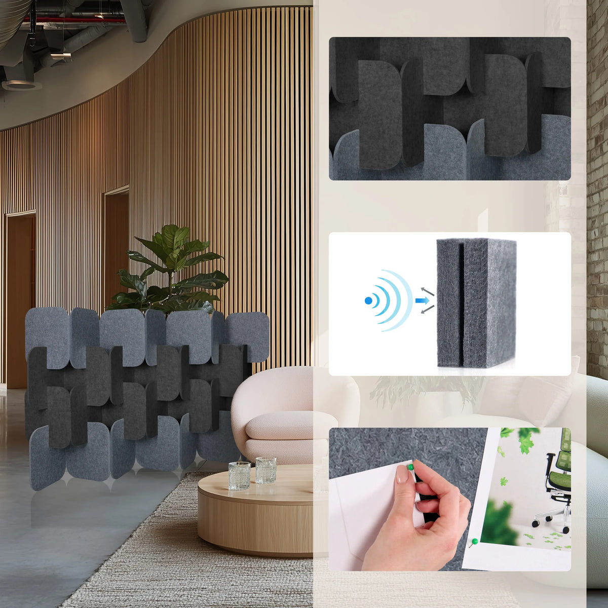 Äänenvaimentavat väliseinät FLEXMIUT PLUG harmaana ja tummanharmaana moduulisettinä, valmistaja hjh OFFICE