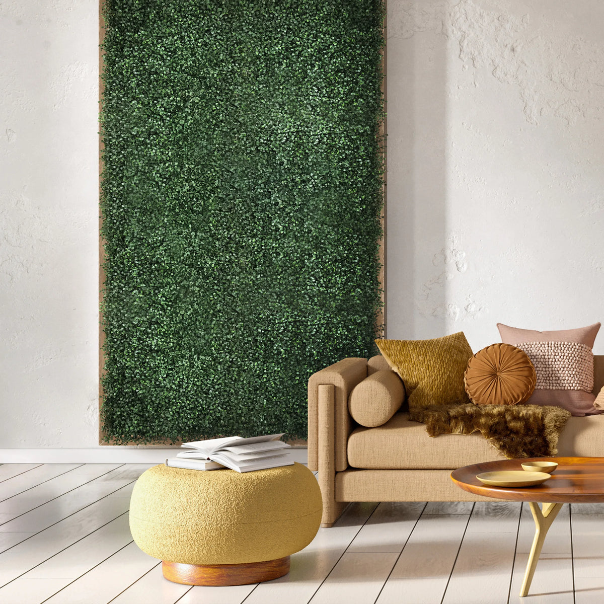 Vihreä kasvimatto LEAFLUXE 1 pystysuorana seinäkoristeena olohuoneessa, valmistaja hjh LIVING