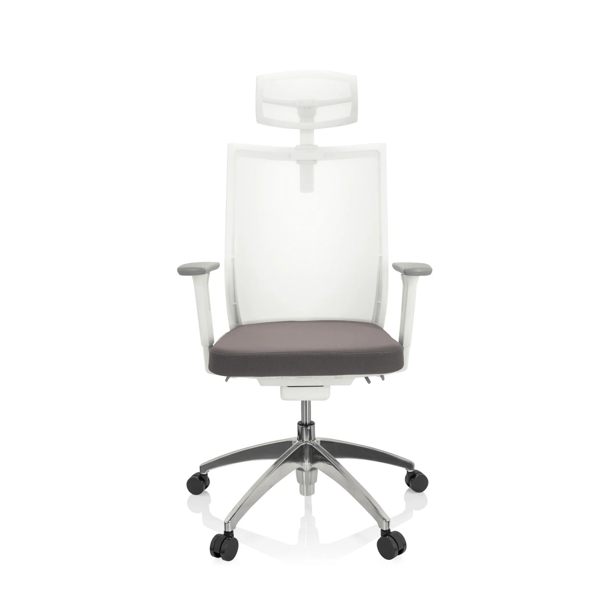 Harmaanvalkoinen ammattitason toimistotuoli ASPEN WHITE PRO, jossa on verkkoselkänoja, niskatuki ja viisijalkainen ristikko pyörillä, valmistaja hjh OFFICE – 360 asteen näkymä (etunäkymä 0°)