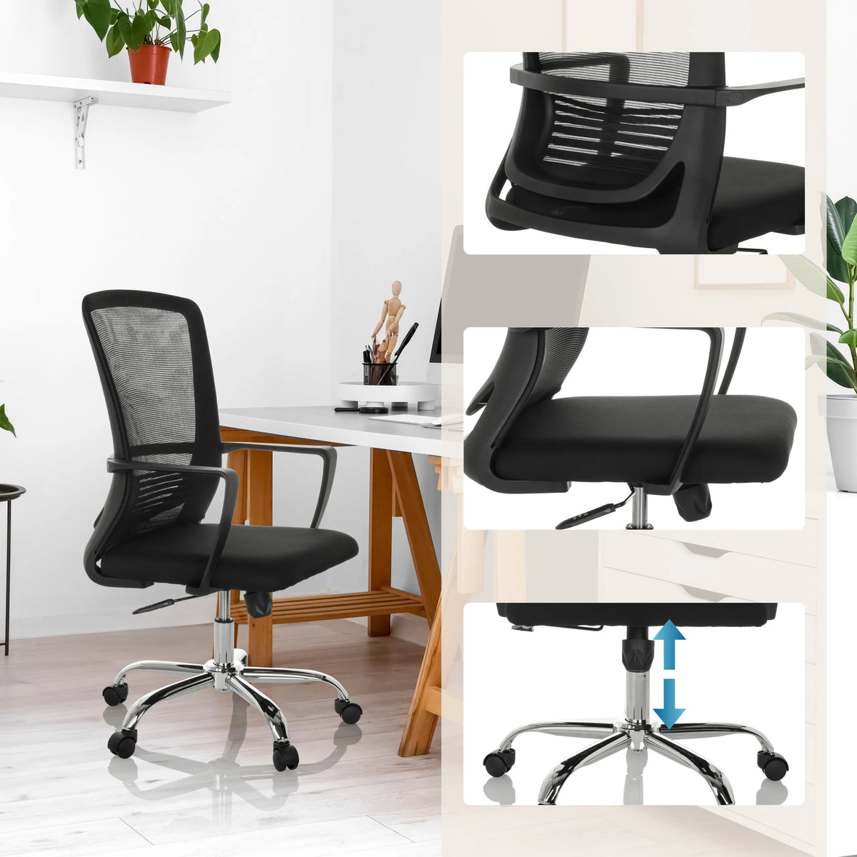 Musta pehmustettu Home Office -toimistotuoli STAR-TEC S verkkoselkänojalla ja kaasujousella, valmistaja hjh OFFICE