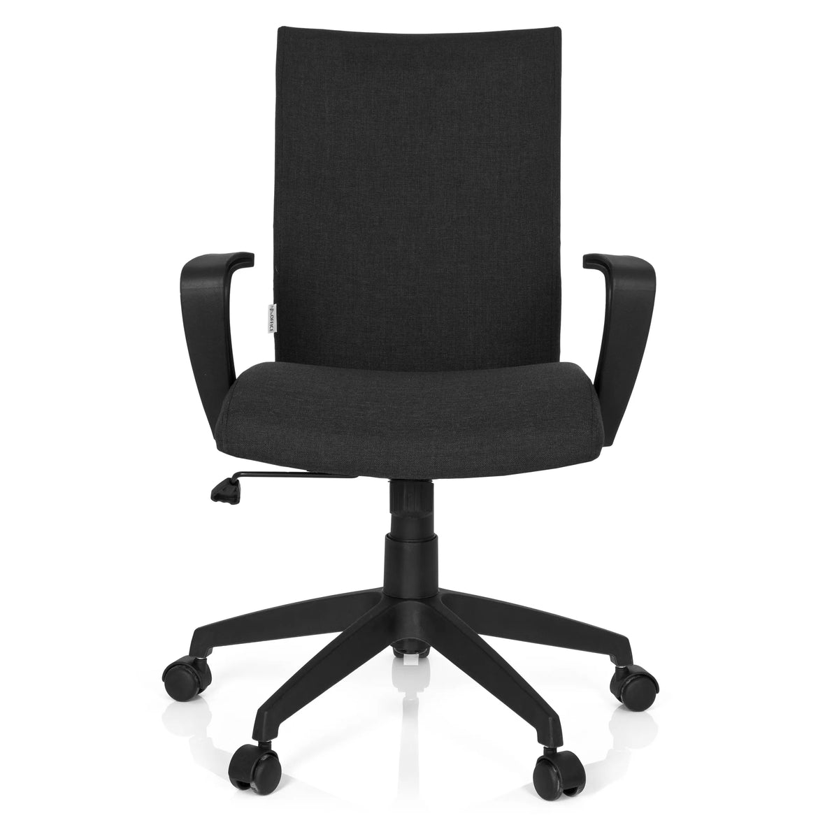 Musta Home Office -toimistotuoli SOFT käsinojilla ja viisipyöräisellä jalustalla, valmistaja hjh OFFICE – 360 asteen näkymä (etunäkymä 0°)