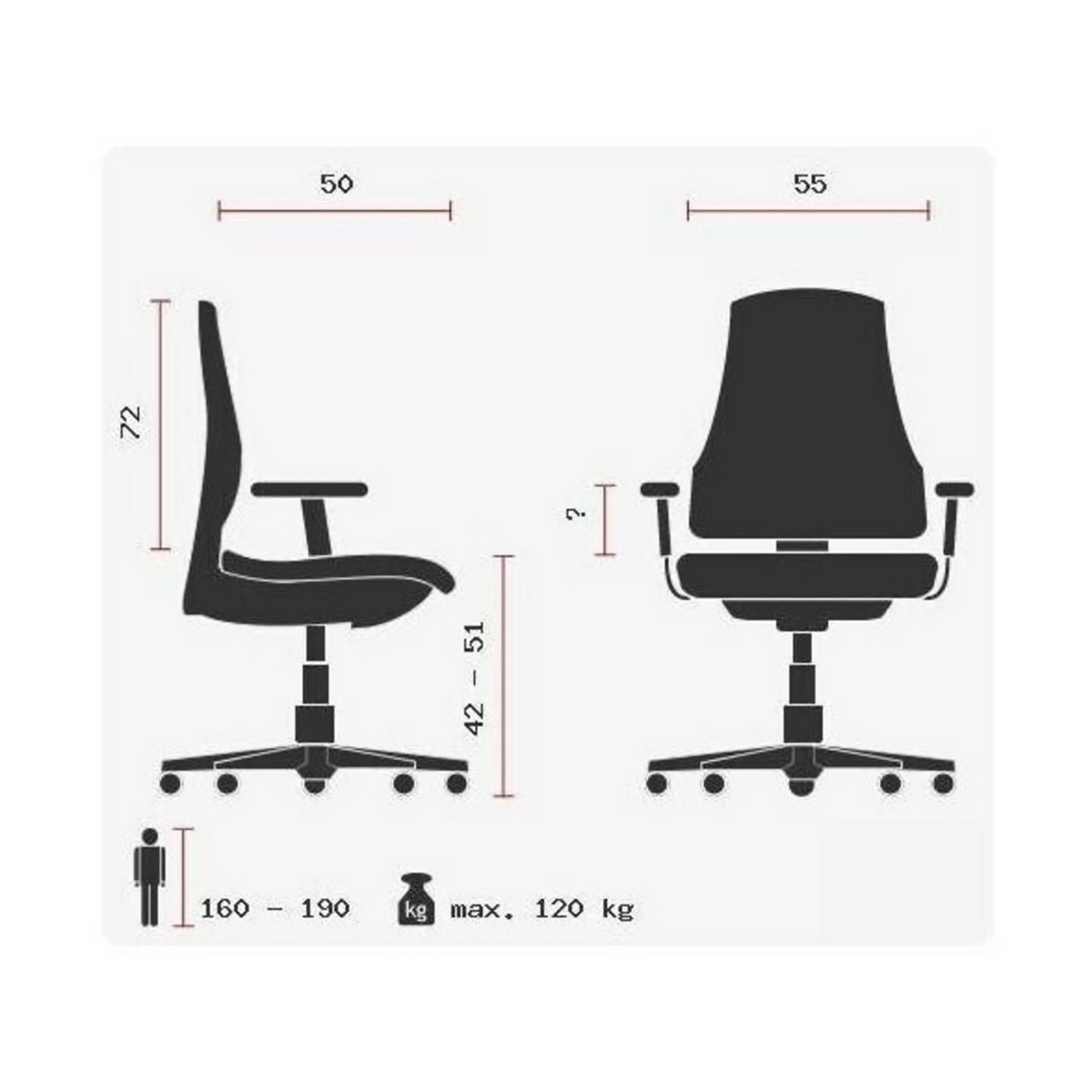 Luksustoimistotuoli OFFICE RS1 tekninen piirros, leveys 55 cm, valmistaja Topstar