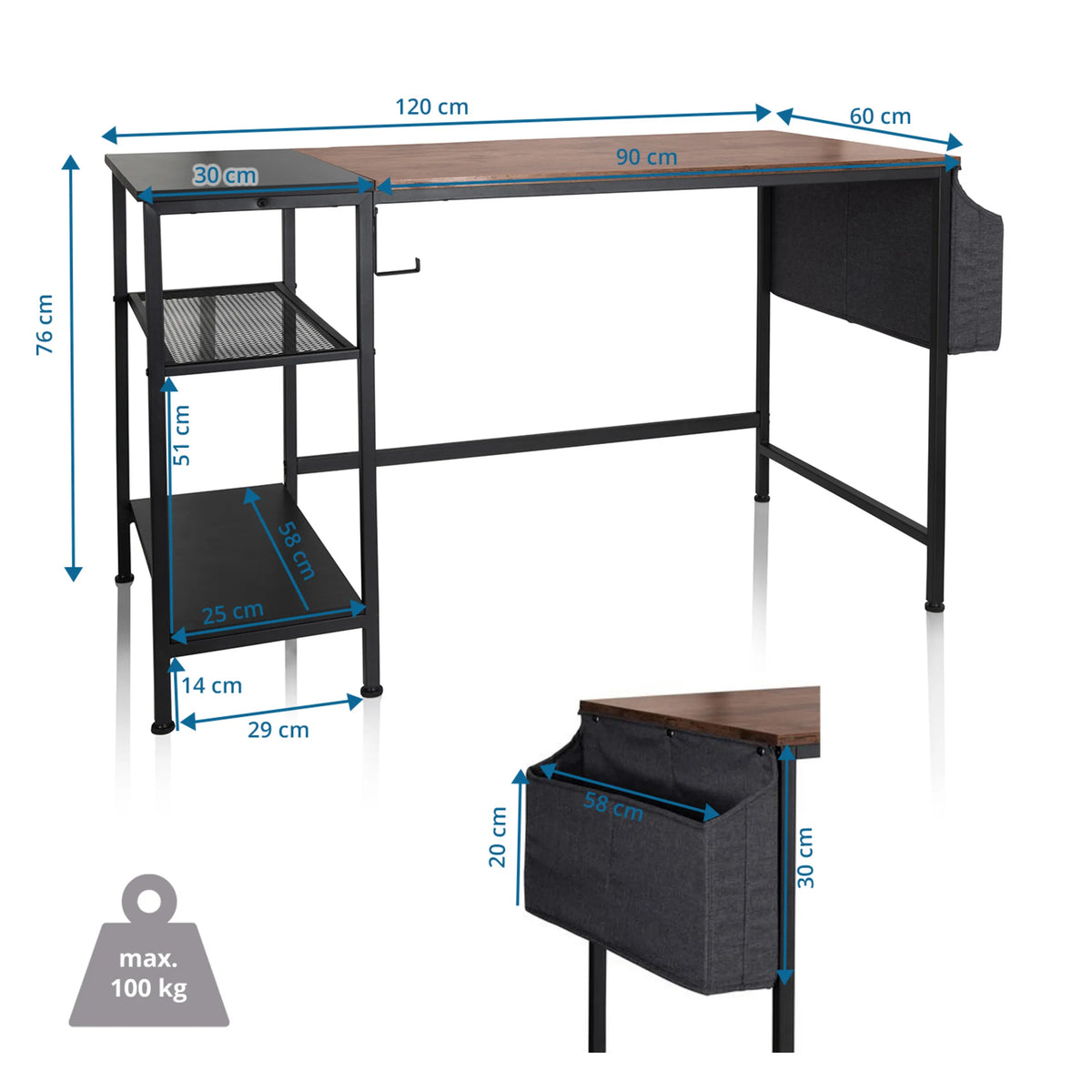 Kirjoituspöytä WORKSPACE H I tekninen piirustus, koko 120 × 60 cm ja kantavuus 100 kg, valmistaja hjh OFFICE