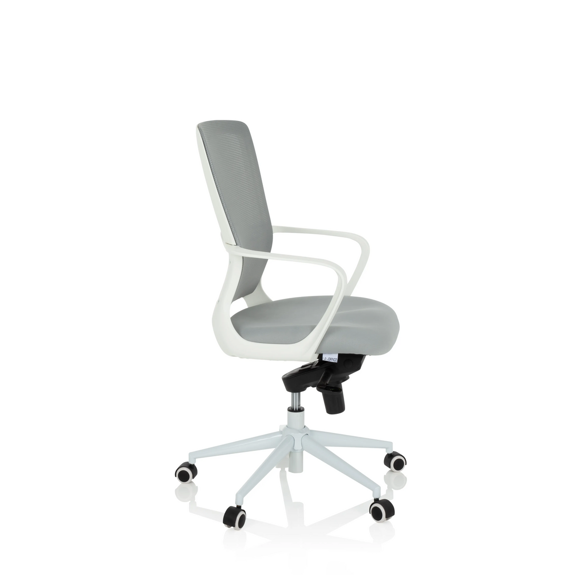 Grauer Homeoffice-Bürostuhl ESTRIA mit Netzrücken und Fußkreuz mit fünf Rollen von hjh OFFICE – 360-Grad-Ansicht (Seitenprofil 80°)