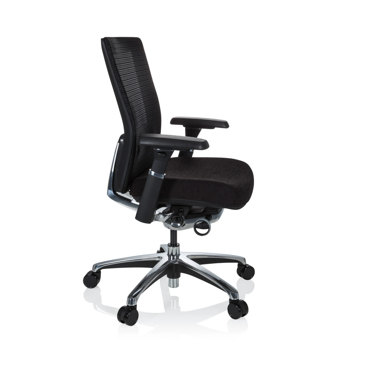 Musta High End -toimistotuoli NOVA PRO ALU verkkoselkänojalla ja viisijalkaisella rullajalustalla, valmistaja hjh OFFICE – 360 asteen näkymä (sivuprofiili 80°)