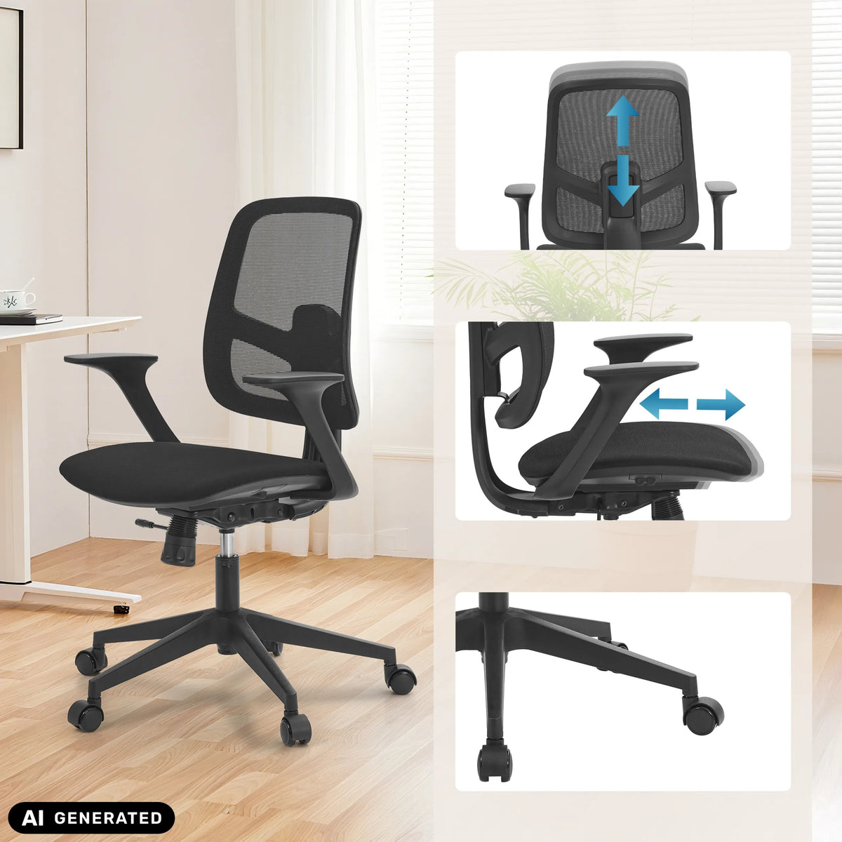 Home Office -toimistotuoli Malio mustana, säädettävällä selkänojalla ja käsinojilla, valmistaja hjh OFFICE (tekoälyllä luotu kuva)