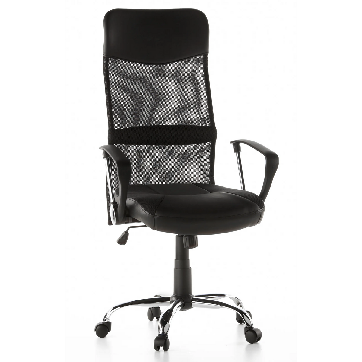 Musta Home Office -toimistotuoli STRYKA verkkoselkänojan, keinonahkaisen istuimen ja jalustan kera, valmistaja hjh OFFICE – 360 asteen näkymä (etunäkymä 20°)