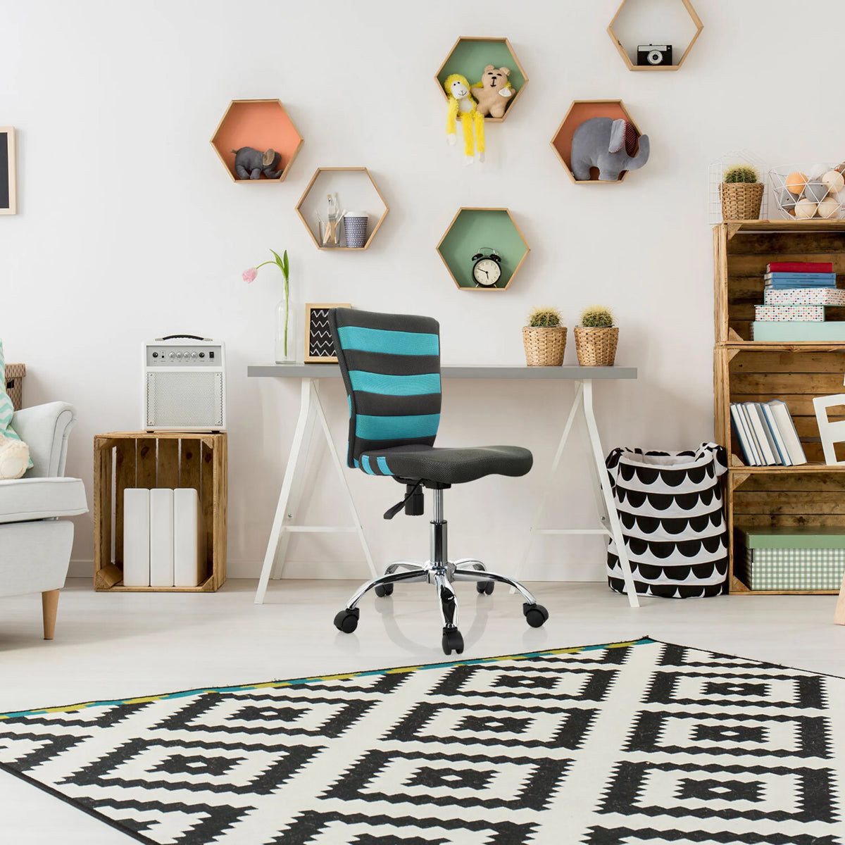 Lasten pyörivä tuoli KIDDY COMFORT I harmaan ja turkoosin väreinä, metallinen rullajalusta, valmistaja hjh OFFICE