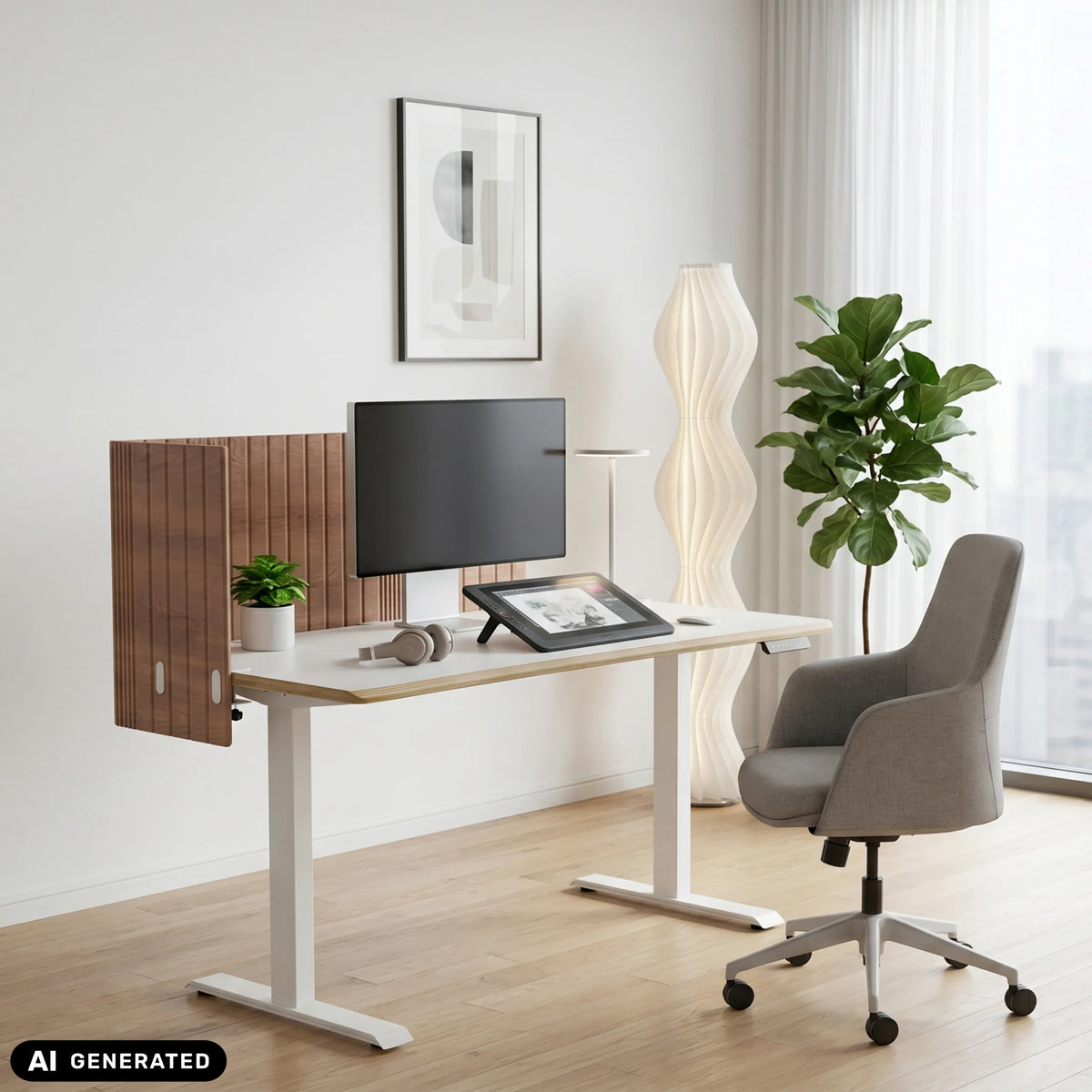 Ruskea työpöydän väliseinä FLEXMIUT ROLL W pystysuoralla säleikkökuvioinnilla valkoisessa työpöydässä, valmistaja hjh OFFICE