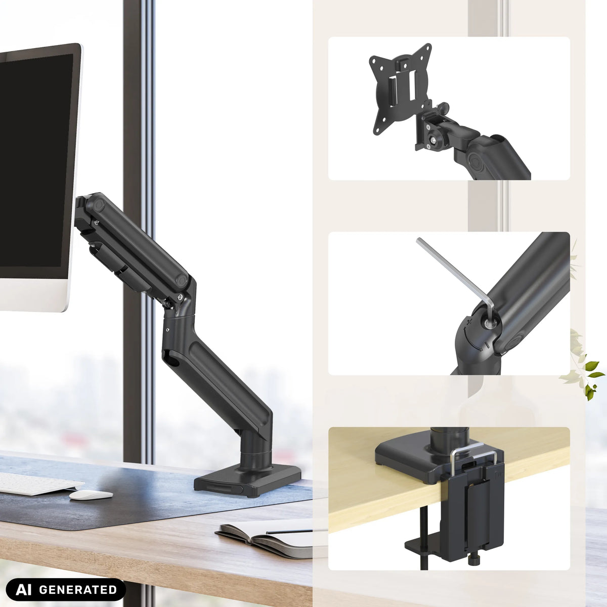 VM-MG1S-näyttöteline, jossa on VESA-levy, nivelvarsi ja pöytäkiinnitys, musta, valmistaja hjh OFFICE (tekoälyllä luotu kuva)