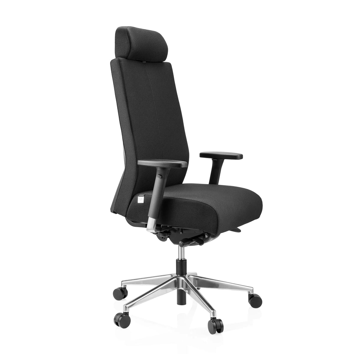 Musta Ammattitason toimistotuoli PRO-TEC XXL kangasverhoilulla, niskatuella ja viisipisteisellä rullajalalla, valmistaja hjh OFFICE – 360 asteen näkymä (etuviistonäkymä 60°)