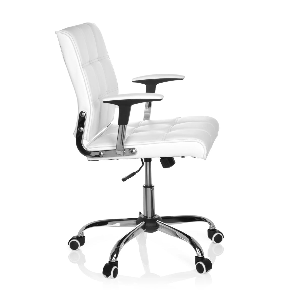 Valkoinen Home Office -toimistotuoli ERNESTO tikatulla verhoilulla ja viisipisteisellä rullajalustalla, valmistaja hjh OFFICE – 360 asteen näkymä (sivuprofiili 80°)