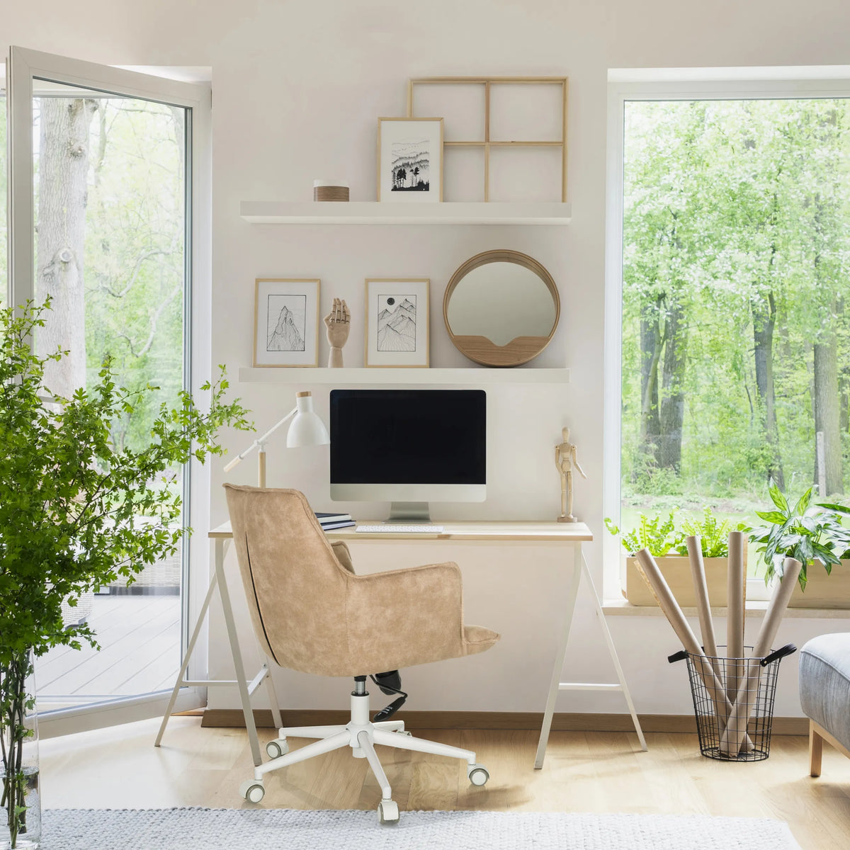 Beige Home Office -toimistotuoli SOLAO LIFE W pyörillä ja valkoisella rungolla, valmistaja hjh LIVING