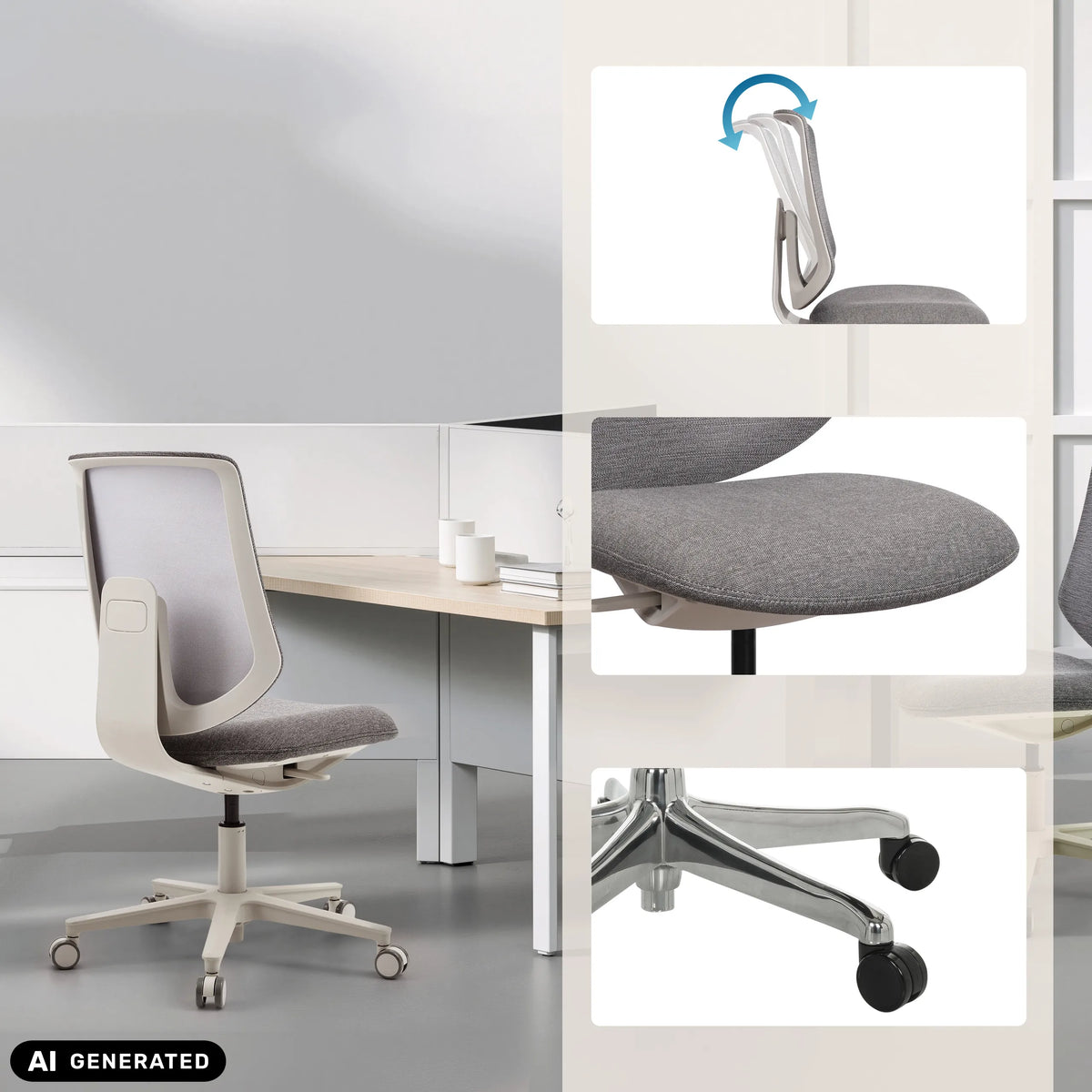 Harmaa Home Office -toimistotuoli Sitflex Lady, yksityiskohdat selkänojasta, istuimesta ja pyöristä, valmistaja hjh OFFICE (tekoälyllä luotu kuva)
