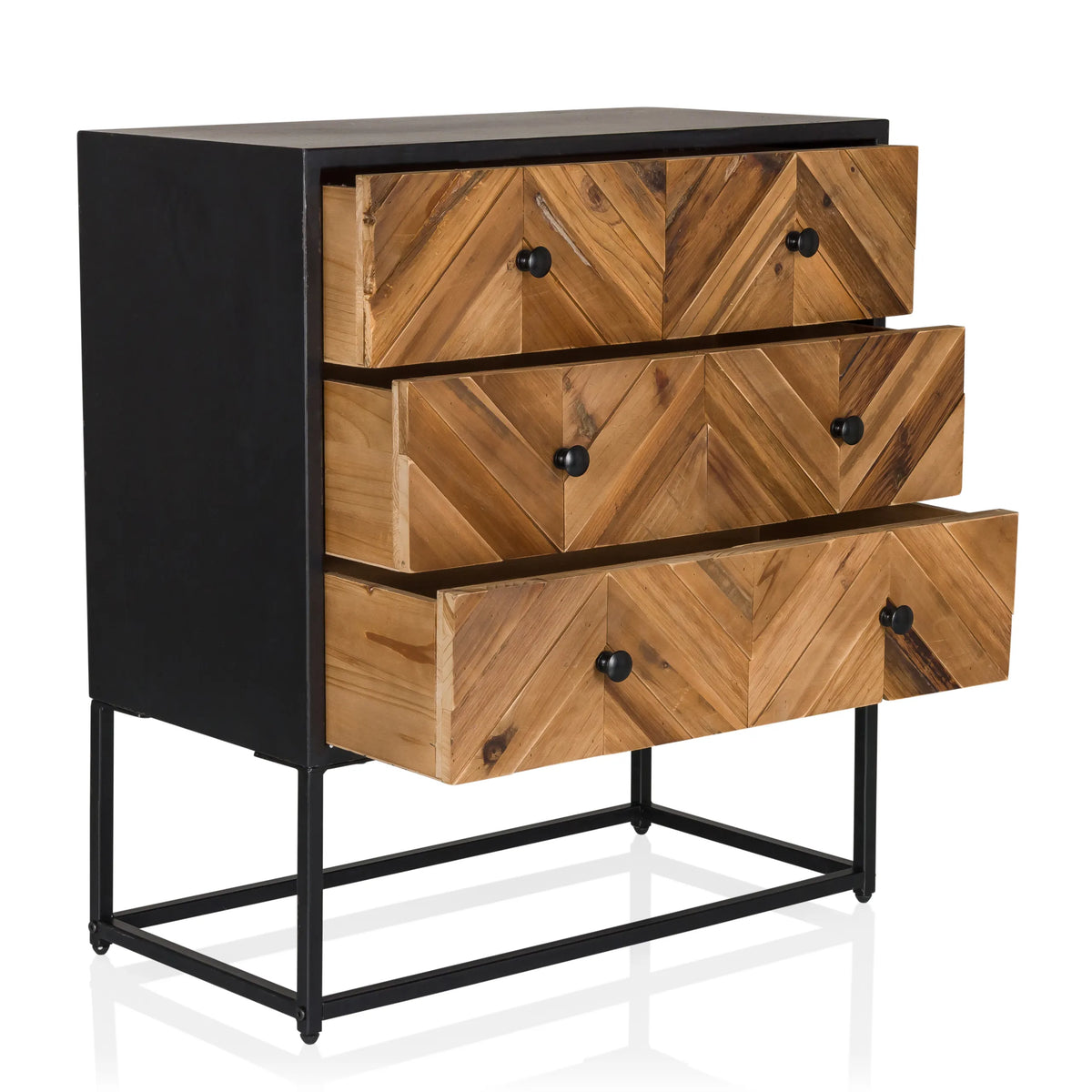 Sivupöytä SANTJAGO BLACK SUN L kolmella puunvärisellä kalanruotokuvioisella laatikolla ja mustalla rungolla, valmistaja hjh LIVING