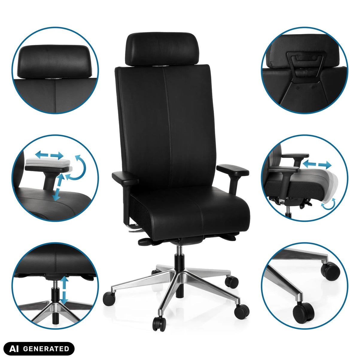 Ammattitason toimistotuolin PRO-TEC XXL säädettävät toiminnot mustana, valmistaja hjh OFFICE (tekoälyllä luotu kuva)