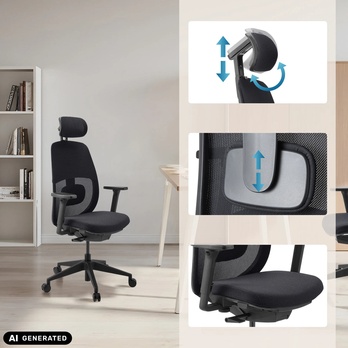 Ammattitason toimistotuolin Skandis Pro säädettävä niskatuki ja alaselän tuki, valmistaja hjh OFFICE (tekoälyllä luotu kuva)