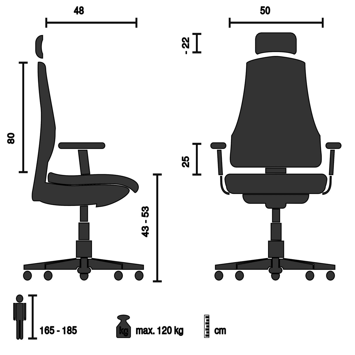 Pelituoli GAME SPORT PRO tekninen piirros, maksimikuormitus 120 kg, valmistaja MyBuero