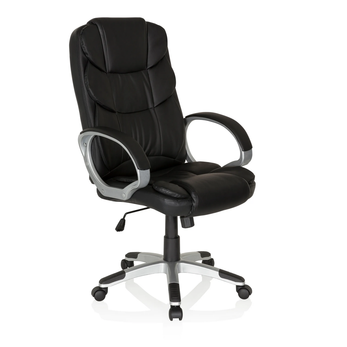 Musta Home Office -toimistotuoli RELAX BY155 käsinojilla ja viisipyöräisellä jalustalla, valmistaja MyBuero – 360 asteen näkymä (etuviistonäkymä 40°)
