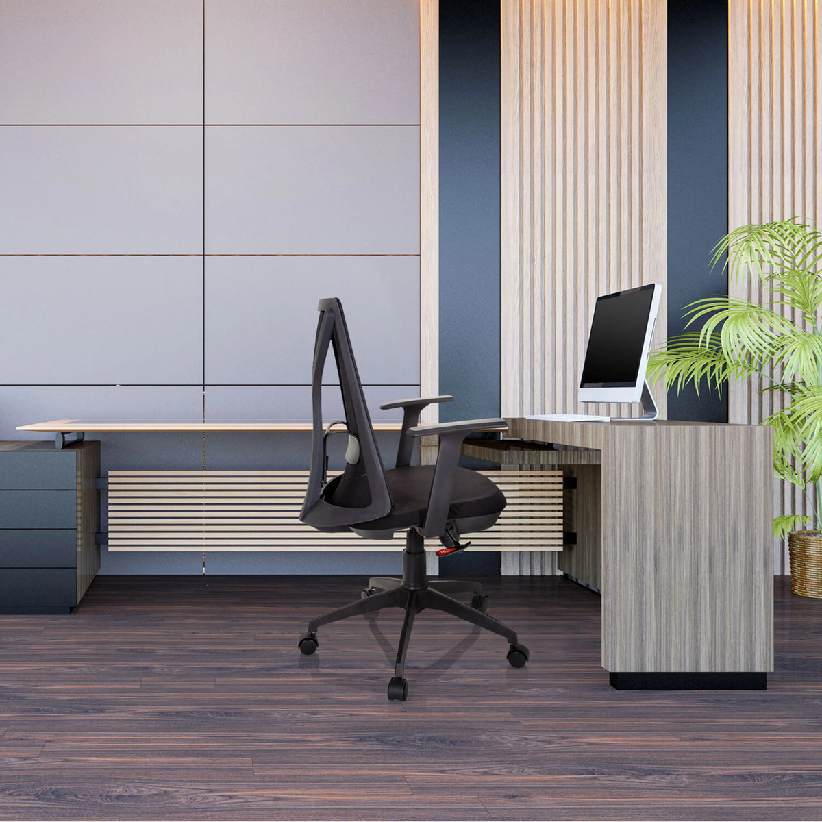 Musta Home Office -toimistotuoli FALUN BASIC, jossa on verkkoselkänoja ja käsinojat, valmistaja hjh OFFICE