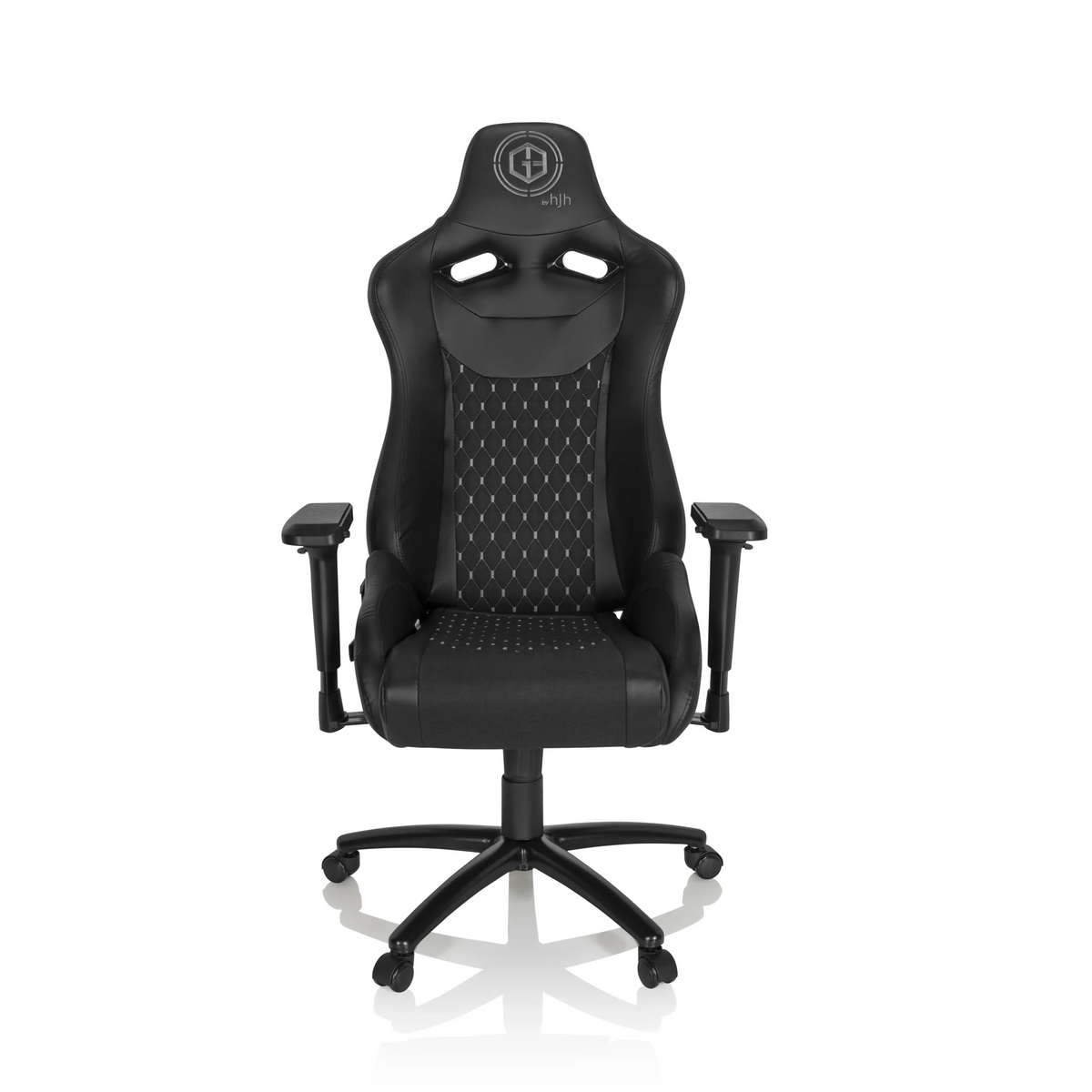 Musta Pelituoli GAMEBREAKER SX 04, jossa on tikattu selkänoja ja viisipiippuinen rullajalusta, valmistaja hjh OFFICE – 360 asteen näkymä (etunäkymä 0°)