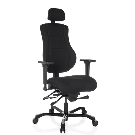 Musta XXL pyörivä tuoli 24 HOURS BASIC kangasverhoilulla, niskatuella ja käsinojilla, valmistaja hjh OFFICE