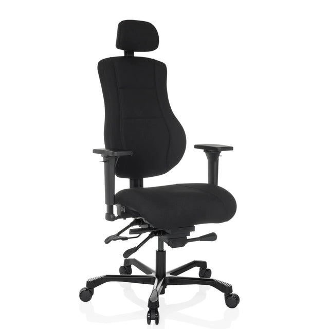 Musta XXL pyörivä tuoli 24 HOURS BASIC kangasverhoilulla, niskatuella ja käsinojilla, valmistaja hjh OFFICE
