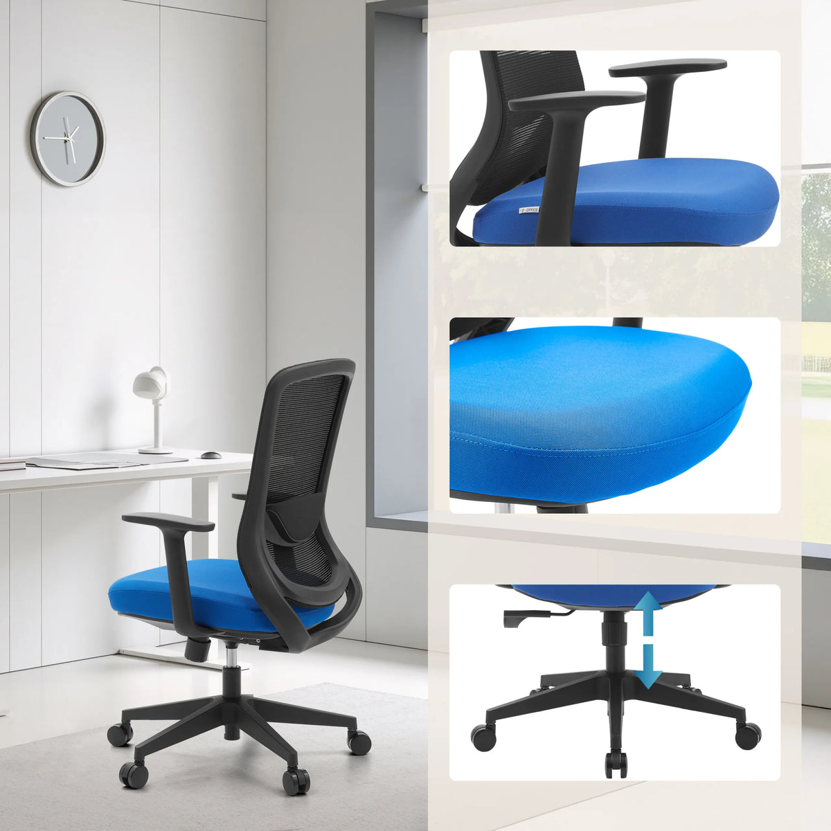 Sininen istuin ja Korkeussäädettävä jalkaristi Home Office -toimistotuoli Sedito, valmistaja hjh OFFICE