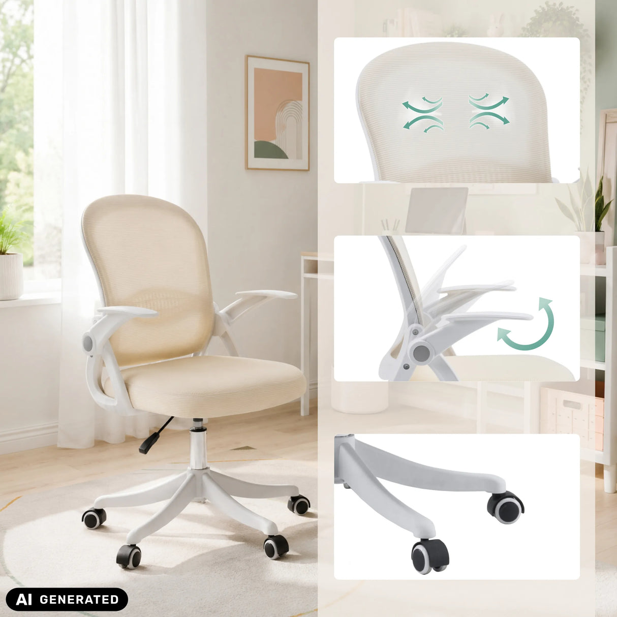 Beige Naluro Home Office -toimistotuoli, jossa on hengittävä selkänoja ja pyörät, valmistaja hjh OFFICE (tekoälyllä luotu kuva)
