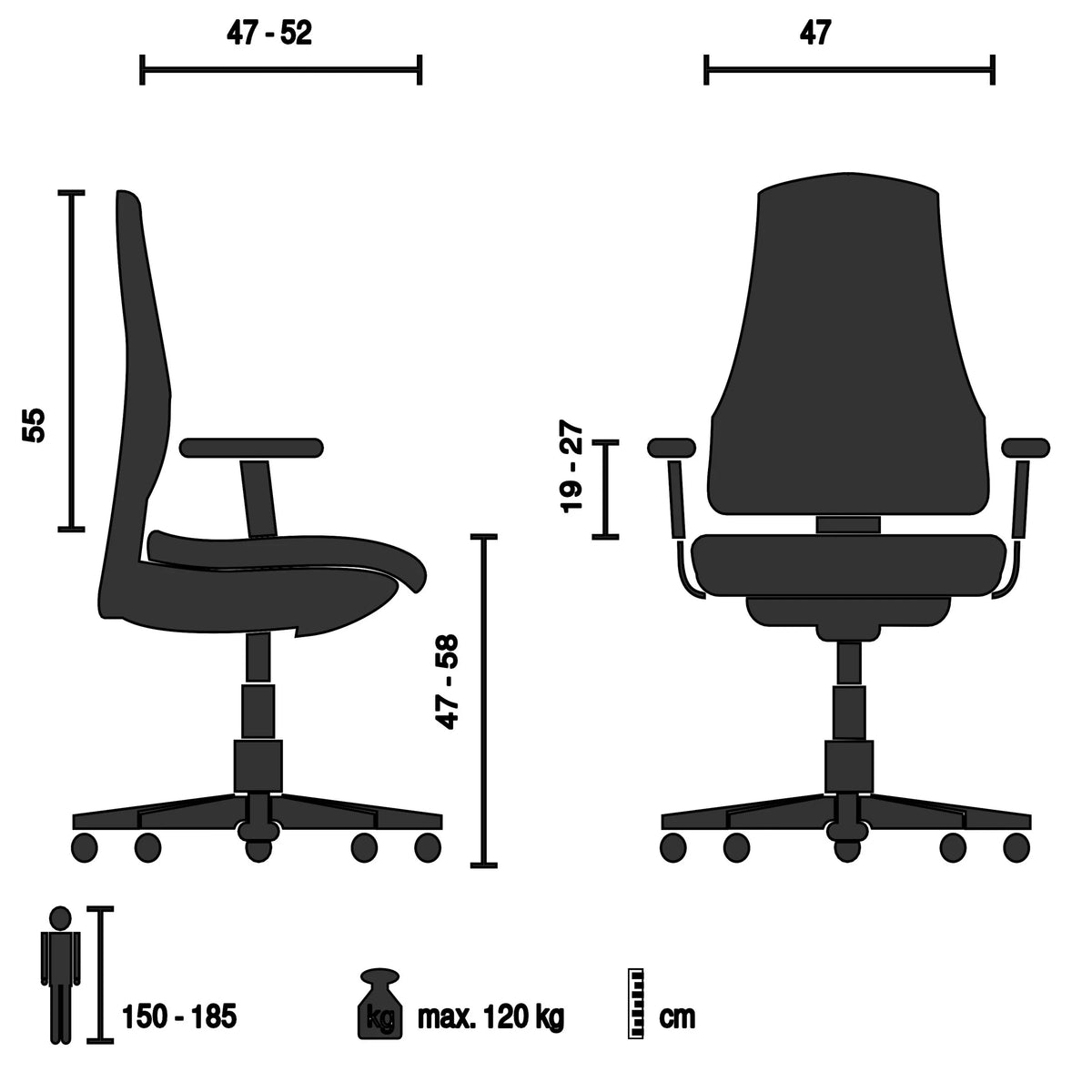 Ammattitason toimistotuoli ASTRA BASE N tekninen piirustus, maksimikuormitus 120 kg, valmistaja hjh OFFICE