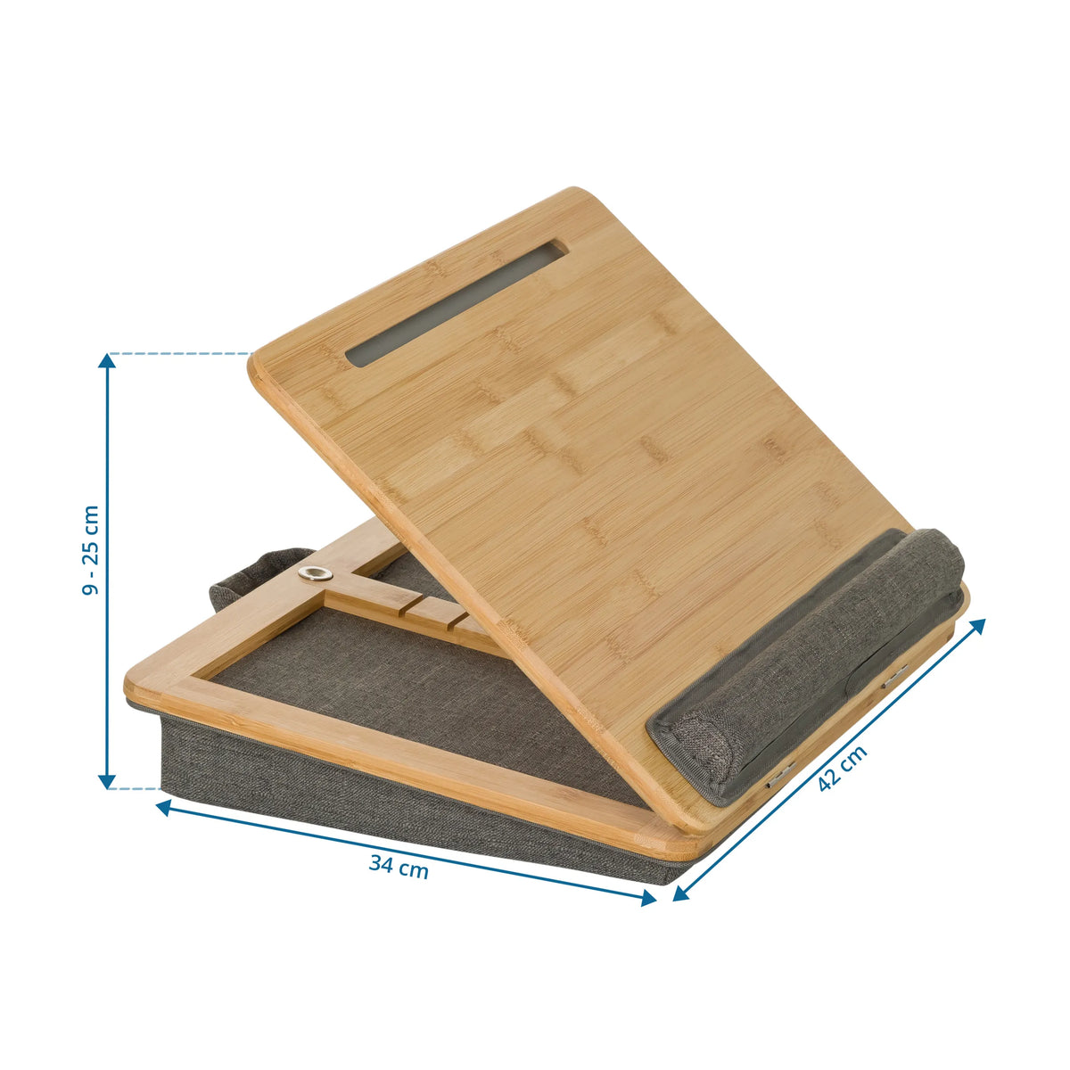 Kannettavan tietokoneen alusta COMFILAP III mitat 42 × 34 cm ja korkeus 9–25 cm, valmistaja hjh OFFICE