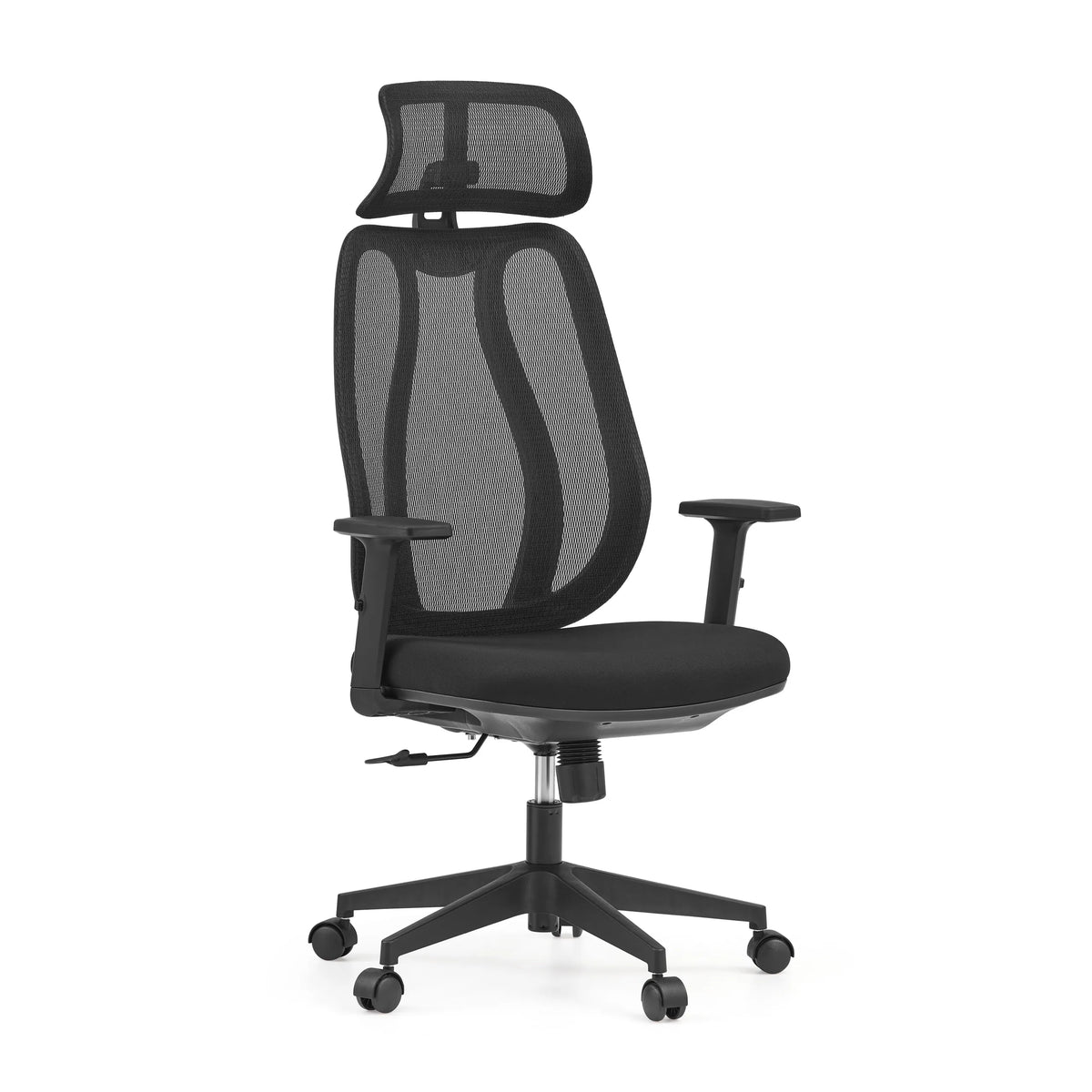 Musta ammattitason toimistotuoli Filaro, jossa on verkkoselkänoja, niskatuki ja viisipuolainen ristikko pyörillä, valmistaja hjh OFFICE – 360 asteen näkymä (etuviistonäkymä 30°)